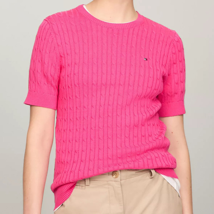 폴로믹스,타미 여성 케이블 반팔 스웨터 Pink Passion