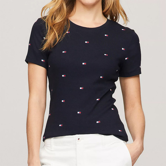 타미 여성 올오버 플래그 로고 반팔 티셔츠 Navy