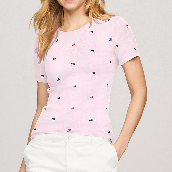 폴로믹스,타미 여성 올오버 플래그 로고 반팔 티셔츠 Pink