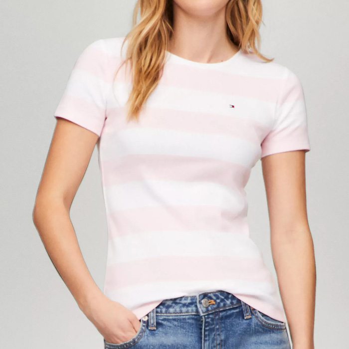 폴로믹스,타미 여성 스트라이프 크루 티셔츠 LT Pink White