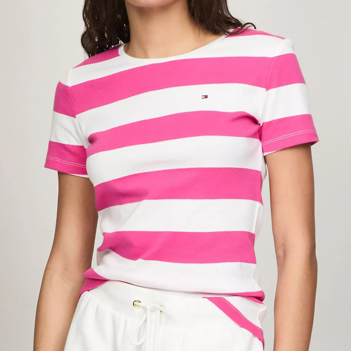 폴로믹스,타미 여성 스트라이프 크루 티셔츠 Pink White