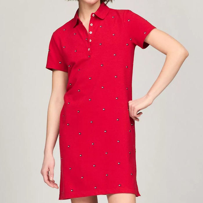 타미 여성 올오버 플래그 로고 스트레치 폴로 드레스 Red Multi