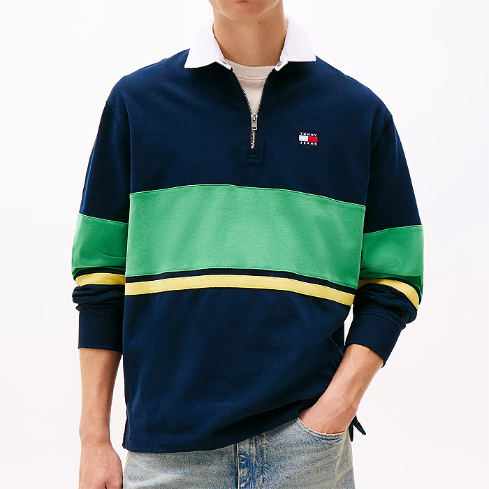 타미 남성 릴렉스핏 컬러블럭 럭비 폴로 Navy Multi