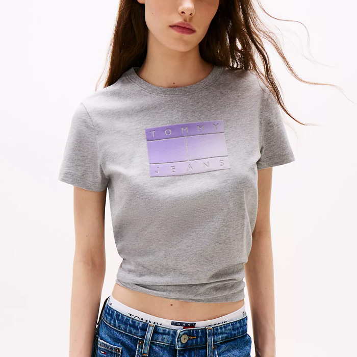 타미 여성 타미 진스 옴브레 플래그 로고 티셔츠 Grey Heather