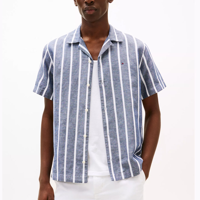 타미 남성 레귤러핏 린넨 블랜드 스트라이프 반팔 셔츠 Navy Stripe ON