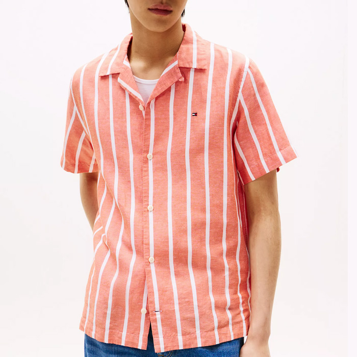타미 남성 레귤러핏 린넨 블랜드 스트라이프 반팔 셔츠 Orange Stripe ON