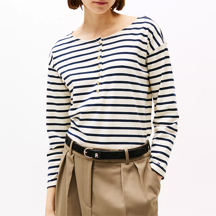 타미 여성 릴렉스핏 골드 버튼 헨리 Navy Stripe