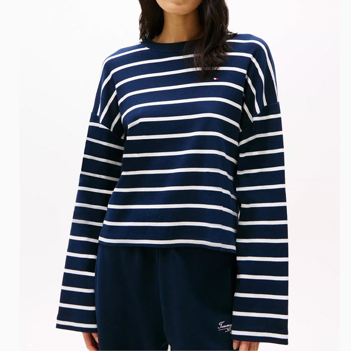 타미 여성 릴렉스핏 롱슬리브 스트라이프 티셔츠 Navy Ecru Stripe