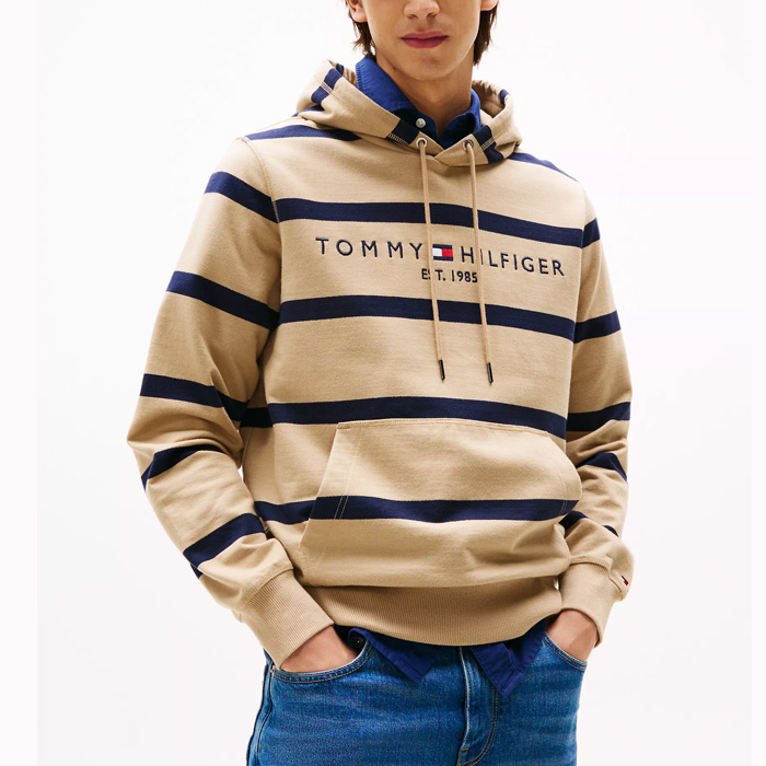 타미 남성 타미 로고 스트라이프 후디 Beige Navy Stripe