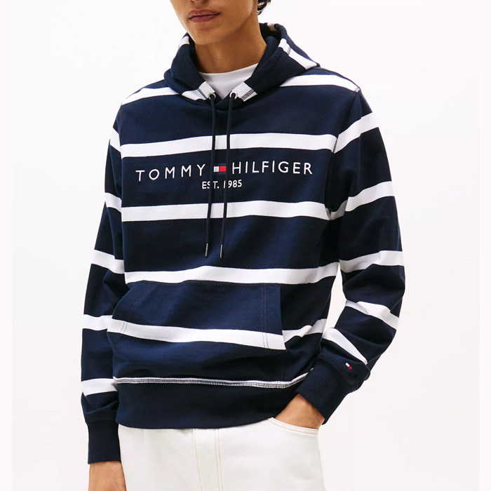 타미 남성 타미 로고 스트라이프 후디 Navy White Stripe